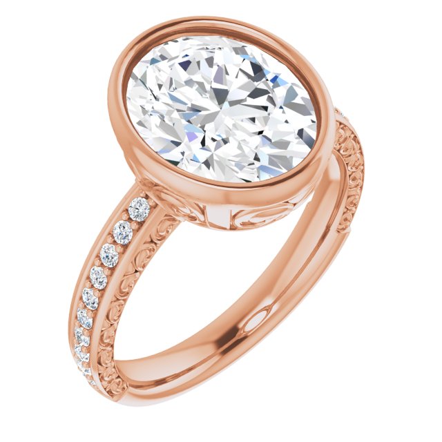 10K Rose Gold Customizable Bezel-set Oval Cut Design with Cloud-pattern Band & Semi-Eternity Accents