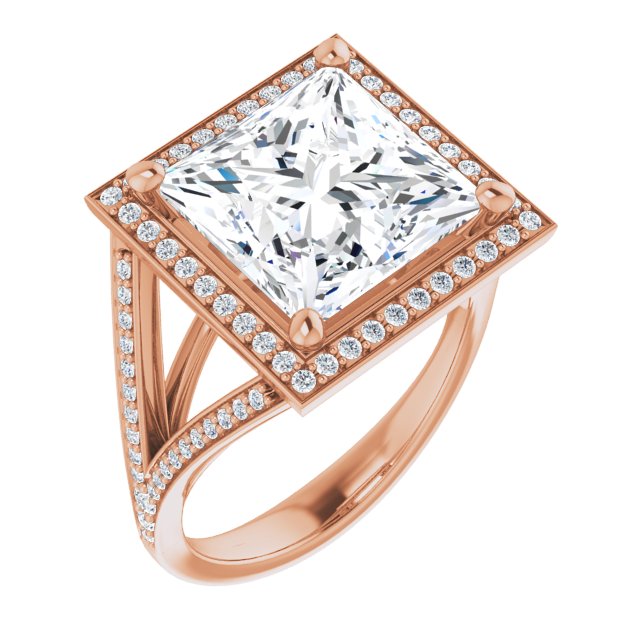 10K Rose Gold Customizable Cathedral-Halo Princess/Square Cut Style featuring Split-Shared Prong Band