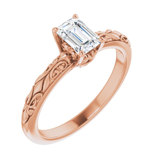 10K Rose Gold Customizable Emerald/Radiant Cut Solitaire featuring Delicate Metal Scrollwork