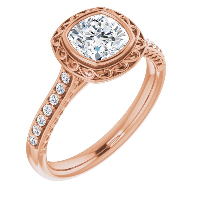 10K Rose Gold Customizable Cathedral-Bezel Cushion Cut Design featuring Accented Band with Filigree Inlay