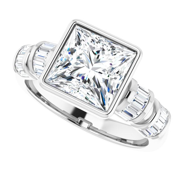 Cubic Zirconia Engagement Ring- The Astrid (Customizable Bezel-set Princess/Square Cut Design with Quad Horizontal Band Sleeves of Baguette Accents)