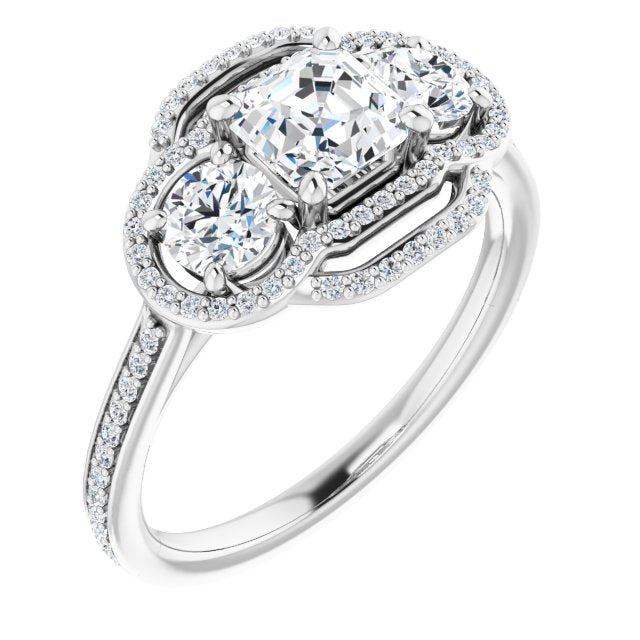 10K White Gold Customizable Enhanced 3-stone Double-Halo Style with Asscher Cut Center and Thin Band