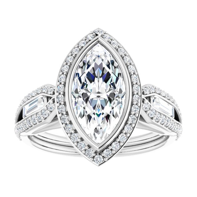 Cubic Zirconia Engagement Ring- The Alekhya (Customizable Cathedral-Bezel Marquise Cut Design with Halo, Split-Pavé Band & Channel Baguettes)