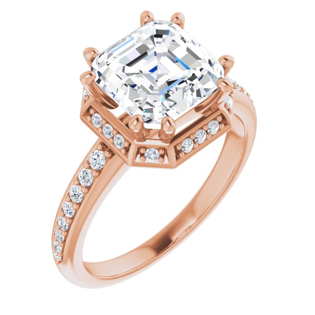 10K Rose Gold Customizable Asscher Cut Design with Geometric Under-Halo and Shared Prong Band