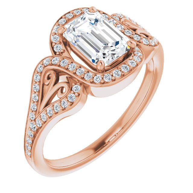 10K Rose Gold Customizable Emerald/Radiant Cut Design with Bypass Halo and Split-Shared Prong Band