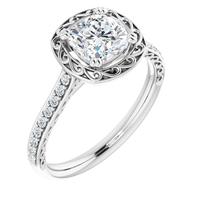 10K White Gold Customizable Cushion Cut Halo Design with Filigree and Accented Band