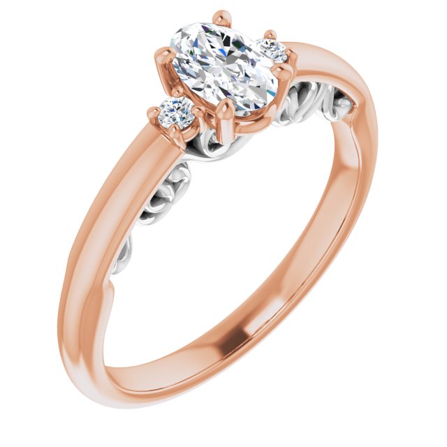 14K Rose & White Gold Customizable Oval Cut 3-stone Style featuring Heart-Motif Band Enhancement
