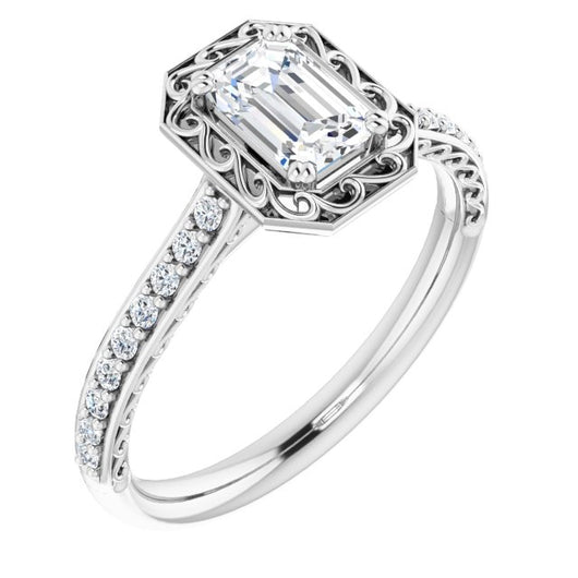 10K White Gold Customizable Emerald/Radiant Cut Halo Design with Filigree and Accented Band