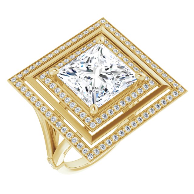 10K Yellow Gold Customizable Princess/Square Cut Oversized 2x Halo Style with Knuckle Accented Split Band