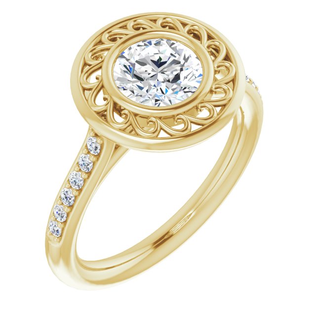 10K Yellow Gold Customizable Cathedral-Bezel Round Cut Design with Floral Filigree and Thin Shared Prong Band