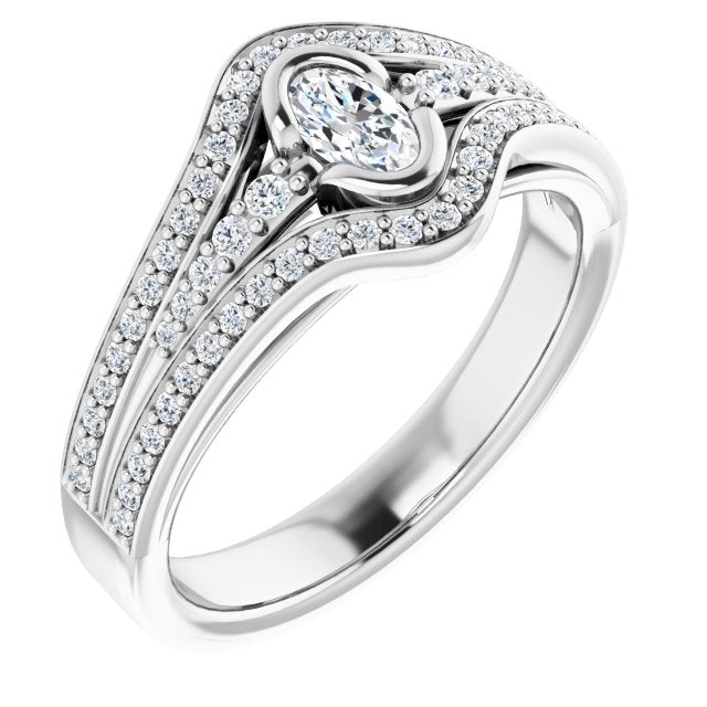 10K White Gold Customizable Cathedral-Bezel Oval Cut Design with Wide Triple-Split-Pavé Band