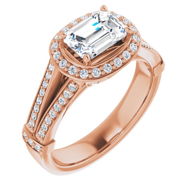 10K Rose Gold Customizable Emerald/Radiant Cut Setting with Halo, Under-Halo Trellis Accents and Accented Split Band