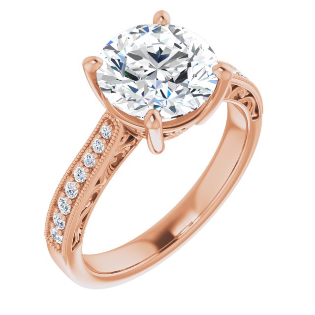 14K Rose Gold Customizable Round Cut Design with Round Band Accents and Three-sided Filigree Engraving
