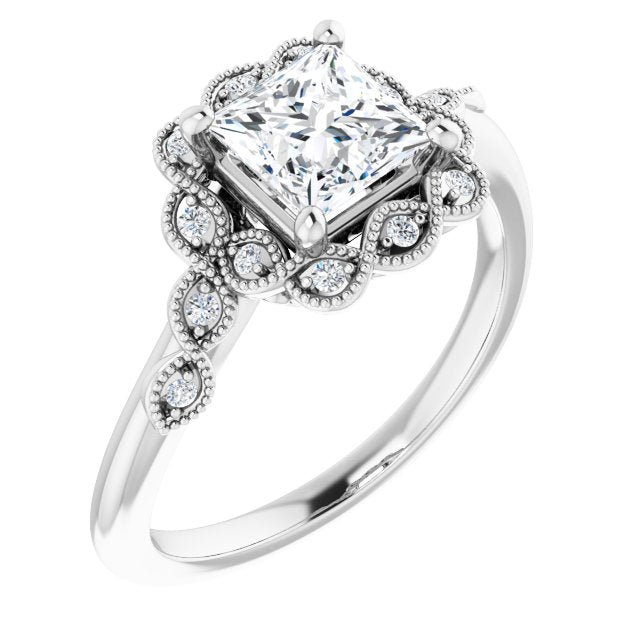 10K White Gold Customizable 3-stone Design with Princess/Square Cut Center and Halo Enhancement