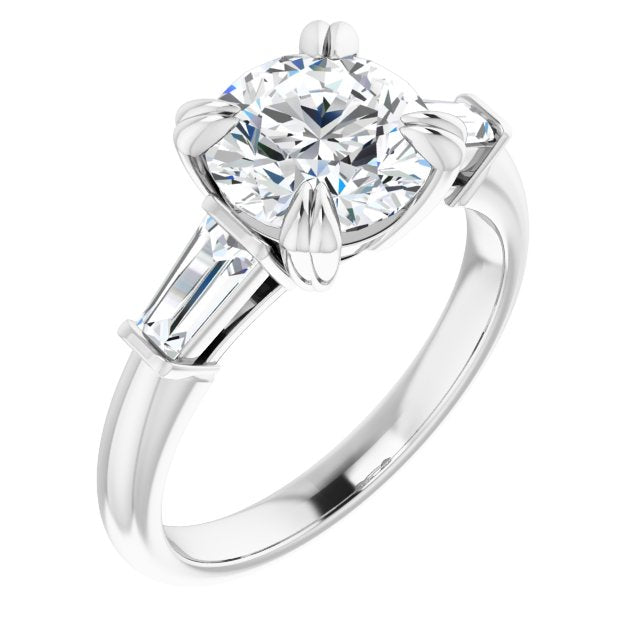10K White Gold Customizable 3-stone Round Cut Design with Tapered Baguettes