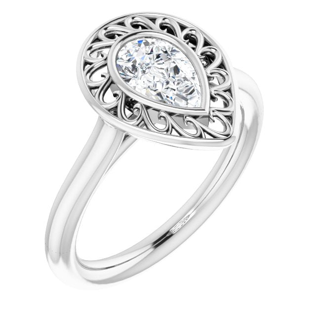 10K White Gold Customizable Cathedral-Bezel Style Pear Cut Solitaire with Flowery Filigree