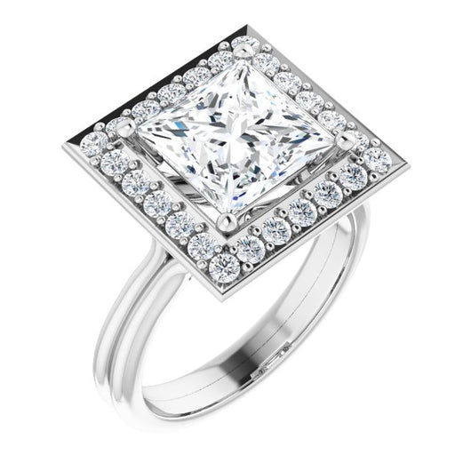 10K White Gold Customizable Cluster-Halo Accented Princess/Square Cut Style with Tapered Dual Band