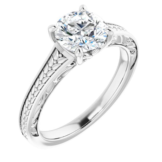 10K White Gold Customizable Round Cut Solitaire with Organic Textured Band and Decorative Prong Basket