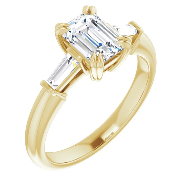 10K Yellow Gold Customizable 3-stone Emerald/Radiant Cut Design with Tapered Baguettes