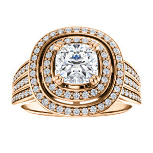 Cubic Zirconia Engagement Ring- The Shay (Customizable Cushion Cut Ultra-wide w/ Double-Halo and Triple-Pavé Band)