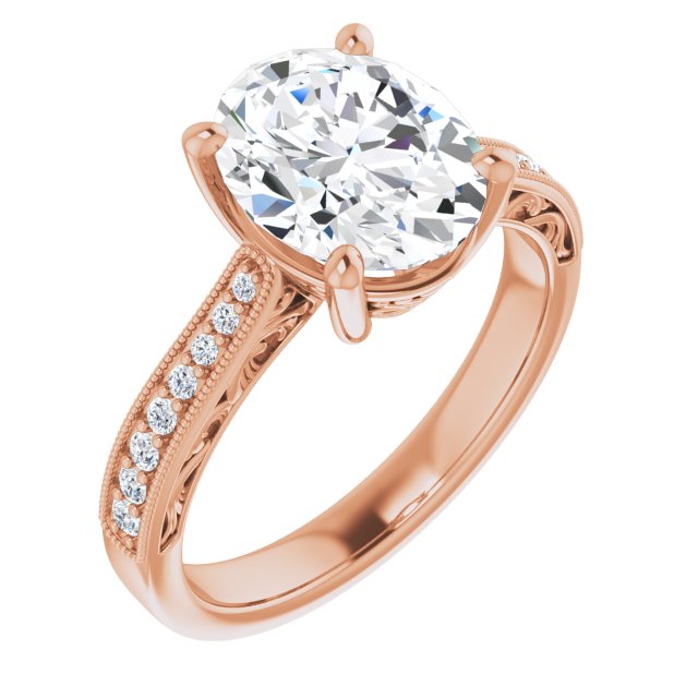 10K Rose Gold Customizable Oval Cut Design with Round Band Accents and Three-sided Filigree Engraving
