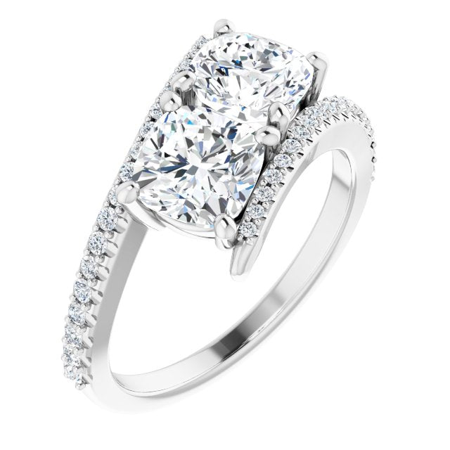 10K White Gold Customizable Double Cushion Cut 2-stone Design with Ultra-thin Bypass Band and Pavé Enhancement