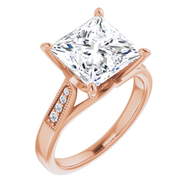 10K Rose Gold Customizable 9-stone Vintage Design with Princess/Square Cut Center and Round Band Accents