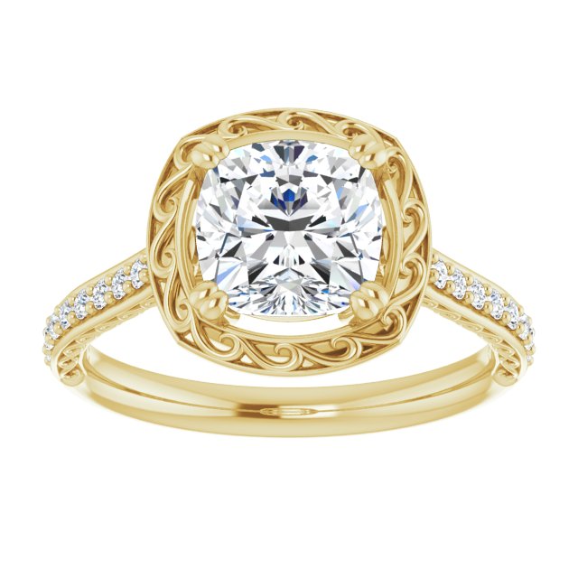 Cubic Zirconia Engagement Ring- The Montserrat  (Customizable Cushion Cut Halo Design with Filigree and Accented Band)
