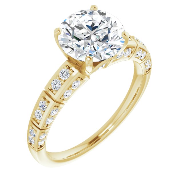 14K Yellow Gold Customizable Round Cut Style with Three-sided, Segmented Shared Prong Band