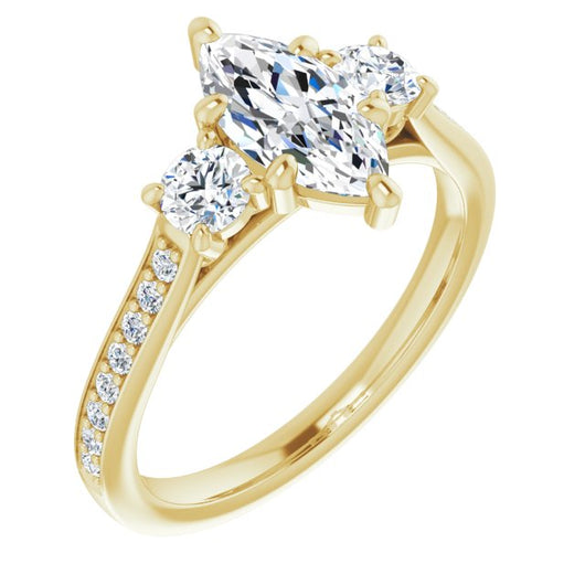 10K Yellow Gold Customizable Marquise Cut Cathedral Setting with Filigree Design and Shared Prong Band