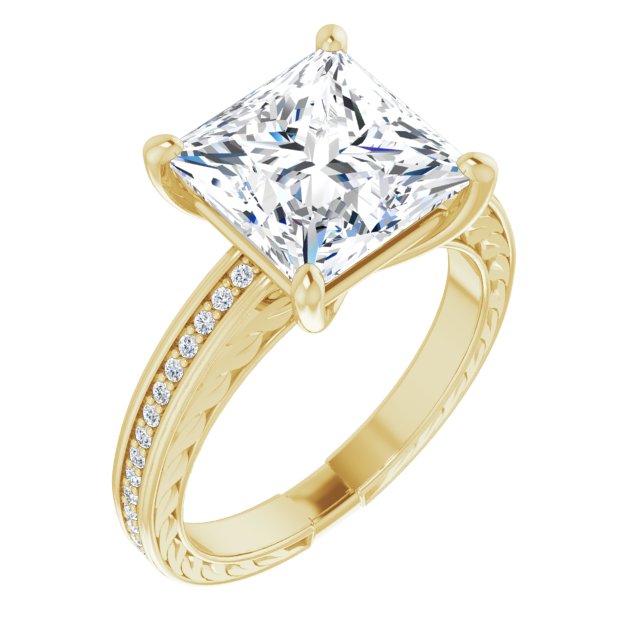 10K Yellow Gold Customizable Princess/Square Cut Design with Rope-Filigree Hammered Inlay & Round Channel Accents