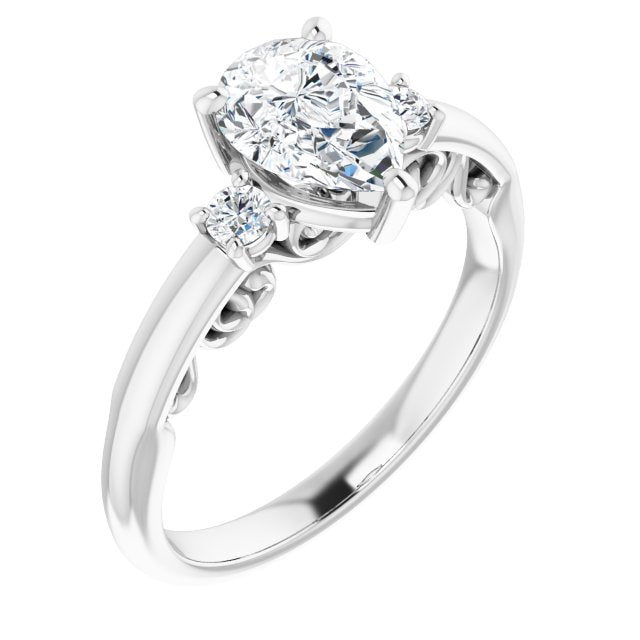 10K White Gold Customizable Pear Cut 3-stone Style featuring Heart-Motif Band Enhancement