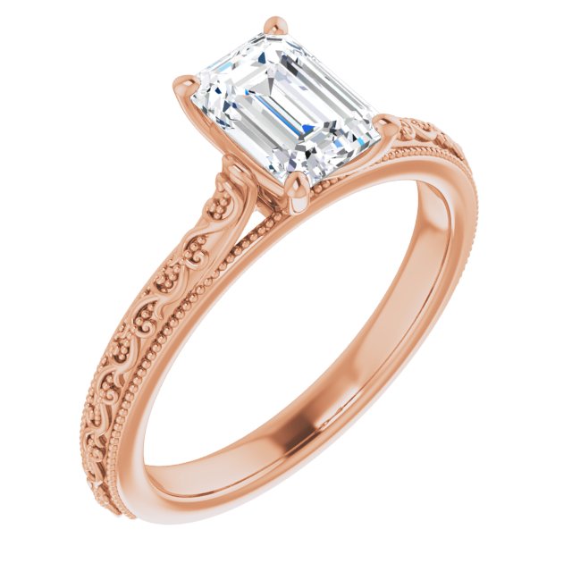 10K Rose Gold Customizable Emerald/Radiant Cut Solitaire with Delicate Milgrain Filigree Band