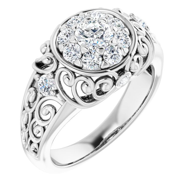 10K White Gold Customizable Round Cut Halo Style with Round Prong Side Stones and Intricate Metalwork