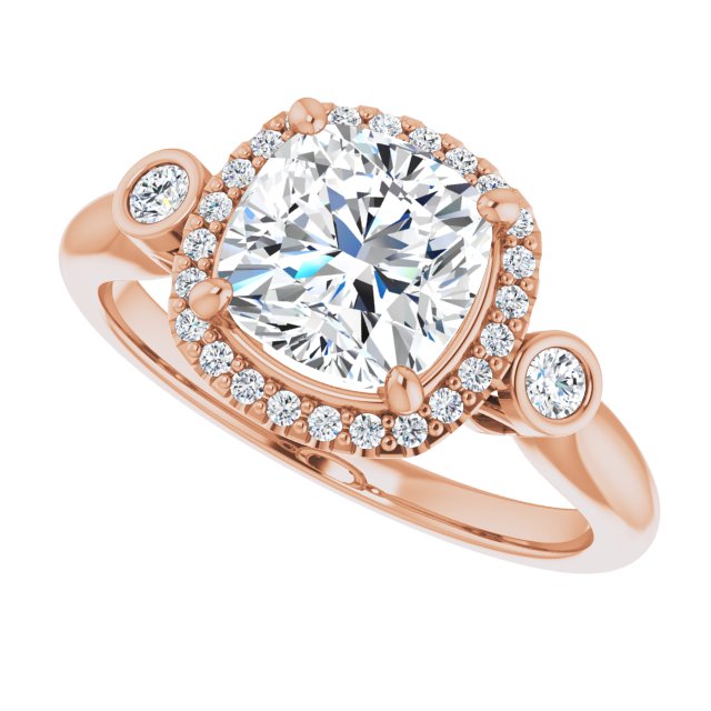 Cubic Zirconia Engagement Ring- The Adoración (Customizable Cushion Cut Style with Halo and Twin Round Bezel Accents)