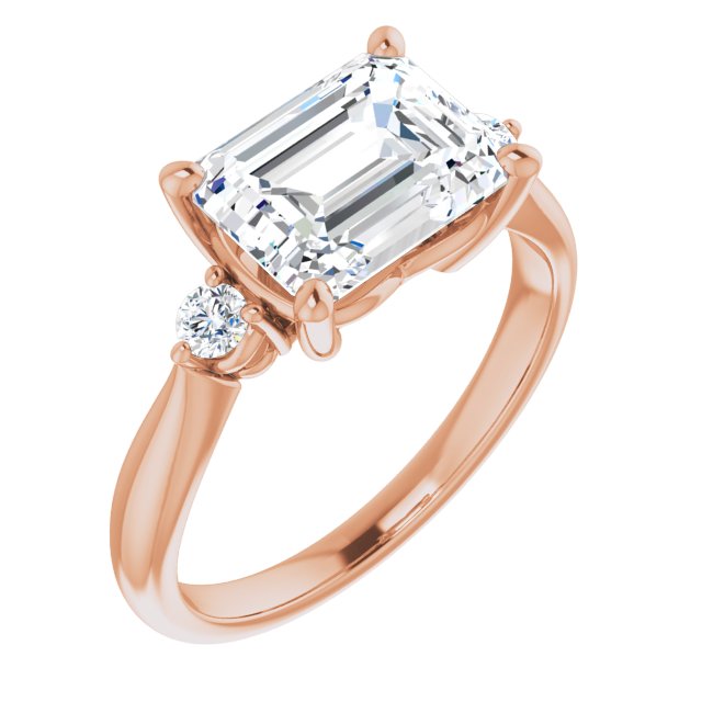 10K Rose Gold Customizable 3-stone Emerald/Radiant Cut Design with Twin Petite Round Accents
