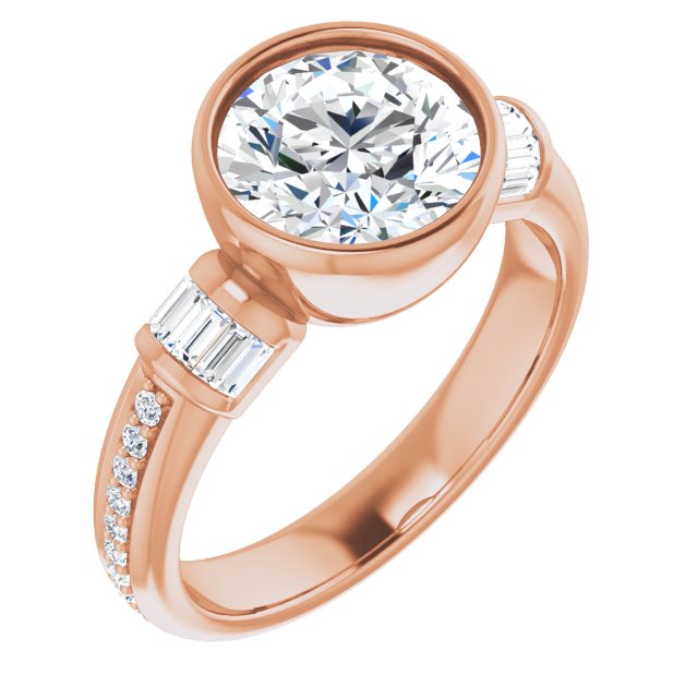 14K Rose Gold Customizable Cathedral-Bezel Round Cut Style with Horizontal Baguettes & Shared Prong Band