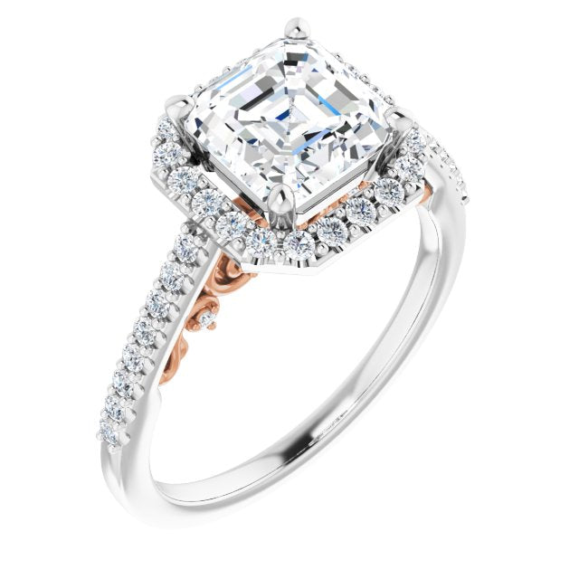 14K White & Rose Gold Customizable Cathedral-Halo Asscher Cut Design with Carved Metal Accent plus Pavé Band