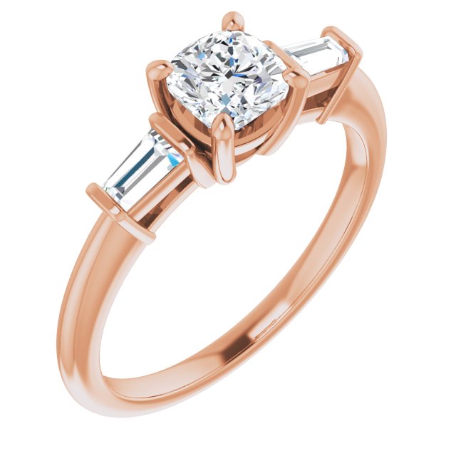 10K Rose Gold Customizable 3-stone Cushion Cut Design with Dual Baguette Accents)