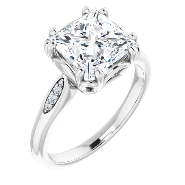 10K White Gold Customizable 9-stone Princess/Square Cut Design with 8-prong Decorative Basket & Round Cut Side Stones