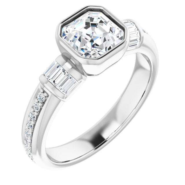 10K White Gold Customizable Cathedral-Bezel Asscher Cut Style with Horizontal Baguettes & Shared Prong Band