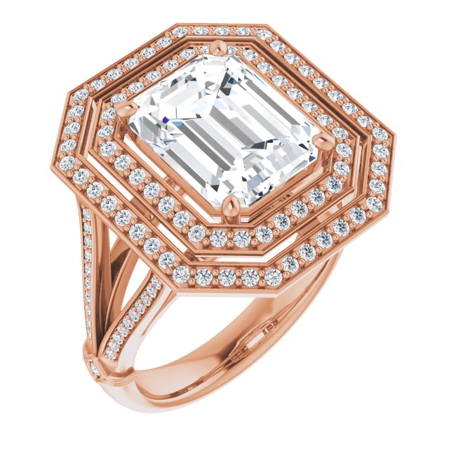 10K Rose Gold Customizable Cathedral-set Emerald/Radiant Cut Design with Double Halo, Wide Split-Shared Prong Band and Side Knuckle Accents