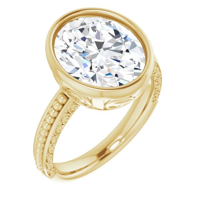 10K Yellow Gold Customizable Bezel-set Oval Cut Solitaire with Beaded and Carved Three-sided Band