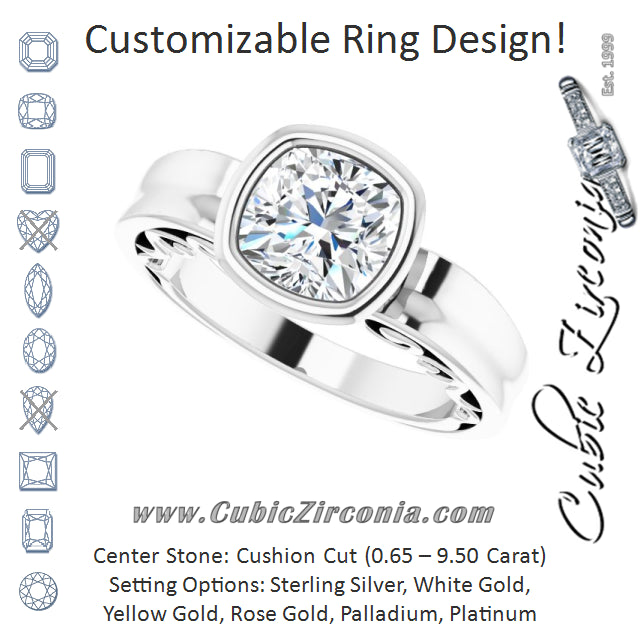 Cubic Zirconia Engagement Ring- The Fredrika (Customizable Bezel-set Cushion Cut Solitaire with Wide 3-sided Band)