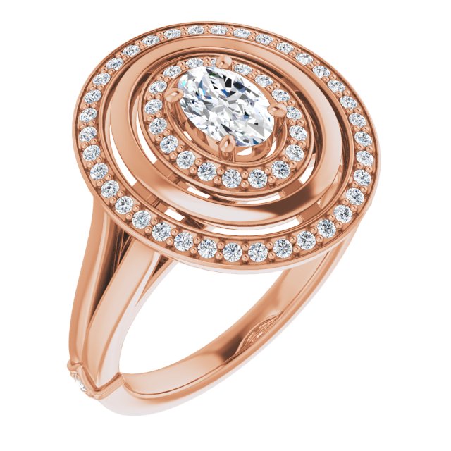 18K Rose Gold Customizable Oval Cut Oversized 2x Halo Style with Knuckle Accented Split Band