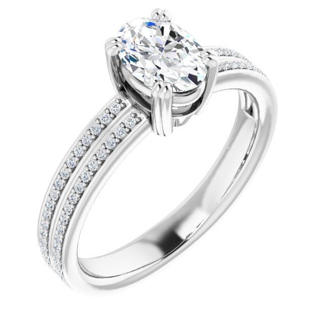 10K White Gold Customizable Oval Cut Center with 100-stone* "Waterfall" Pavé Split Band
