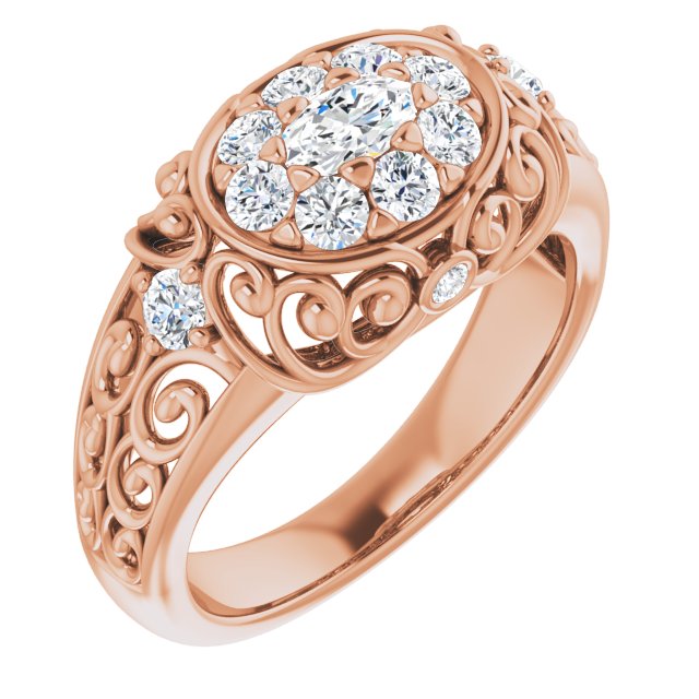 10K Rose Gold Customizable Oval Cut Halo Style with Round Prong Side Stones and Intricate Metalwork