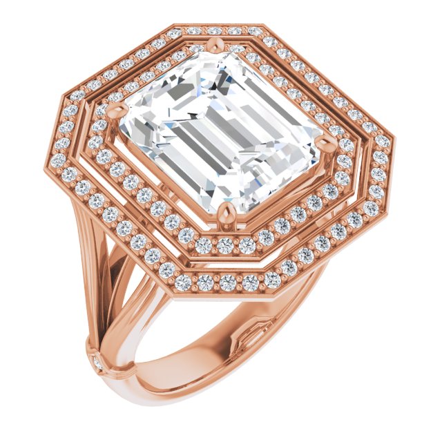 10K Rose Gold Customizable Cathedral-set Emerald/Radiant Cut Design with Double Halo, Wide Split Band and Side Knuckle Accents