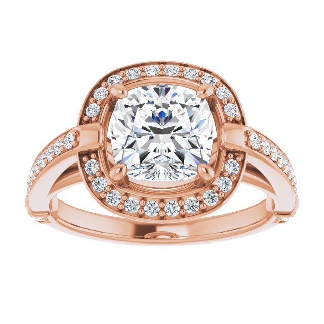 Cubic Zirconia Engagement Ring- The Ebba (Customizable High-Cathedral Cushion Cut Design with Halo and Shared Prong Band)