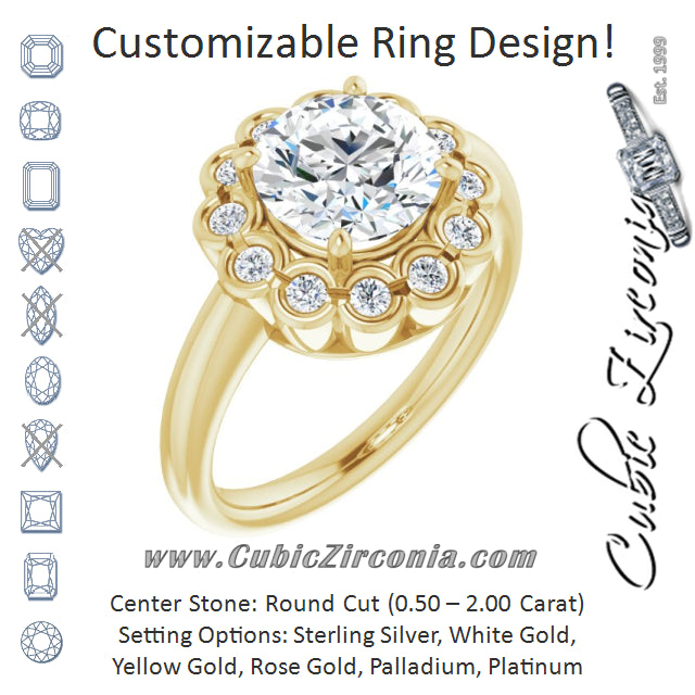 Cubic Zirconia Engagement Ring- The Aabha (Customizable 13-stone Round Cut Design with Floral-Halo Round Bezel Accents)